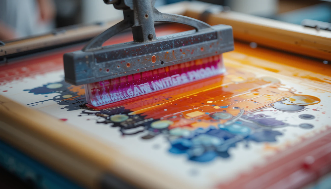 A close-up, dynamic shot of a screen printing squeegee pulling
