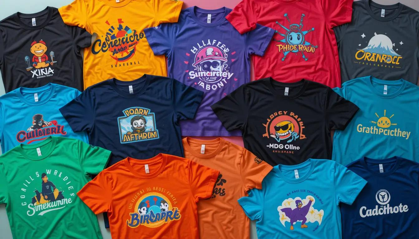 A vibrant flat lay of various colorful t-shirts with different custom logos printed on them
