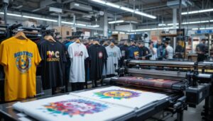 Professional custom t-shirt printing facility showing digital printing equipment, vibrant colorful designs