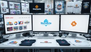Professional logo design workspace showing computer screens