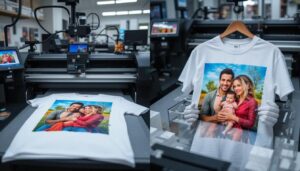 Professional photo printing on t-shirts process showing high-quality digital printing equipment