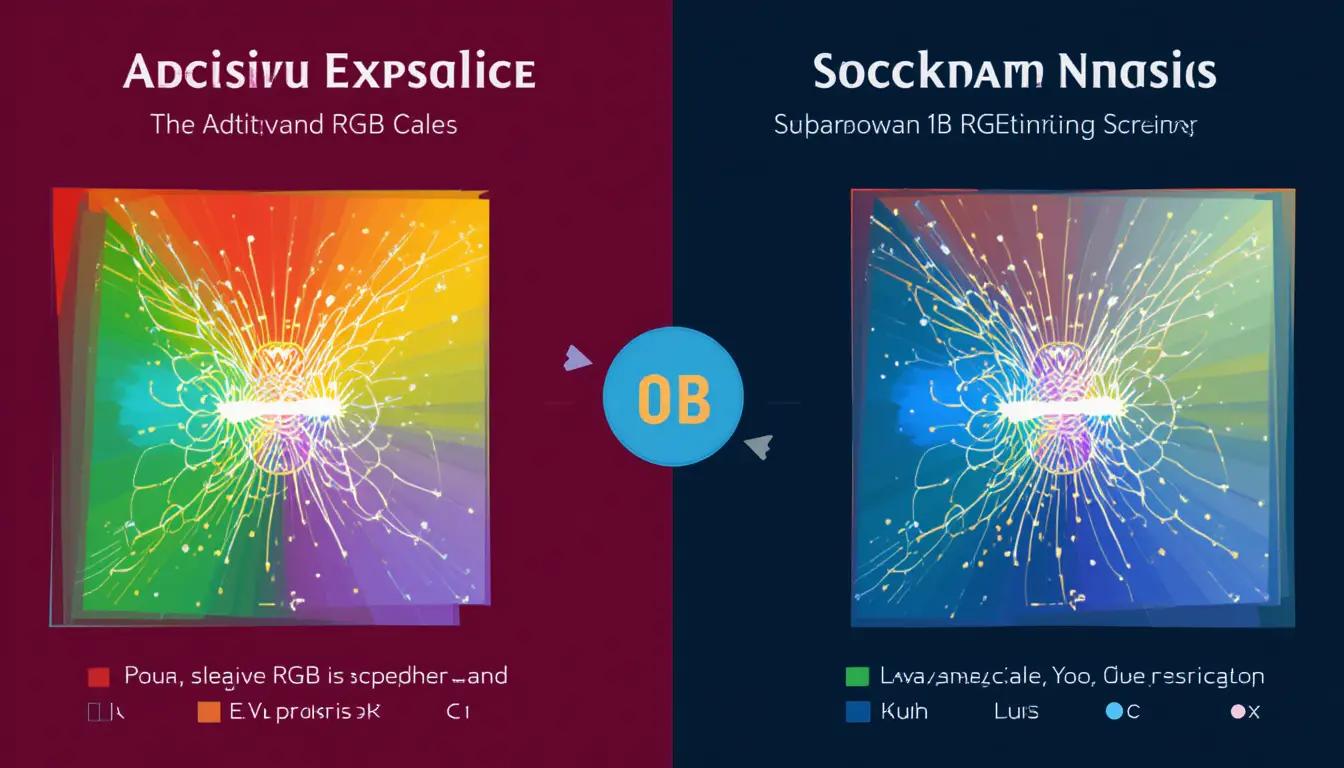  תרשים הממחיש את ההבדל בין מודל הצבע RGB (צבעי אור למסכים) ומודל הצבע CMYK (צבעי דיו לדפוס).