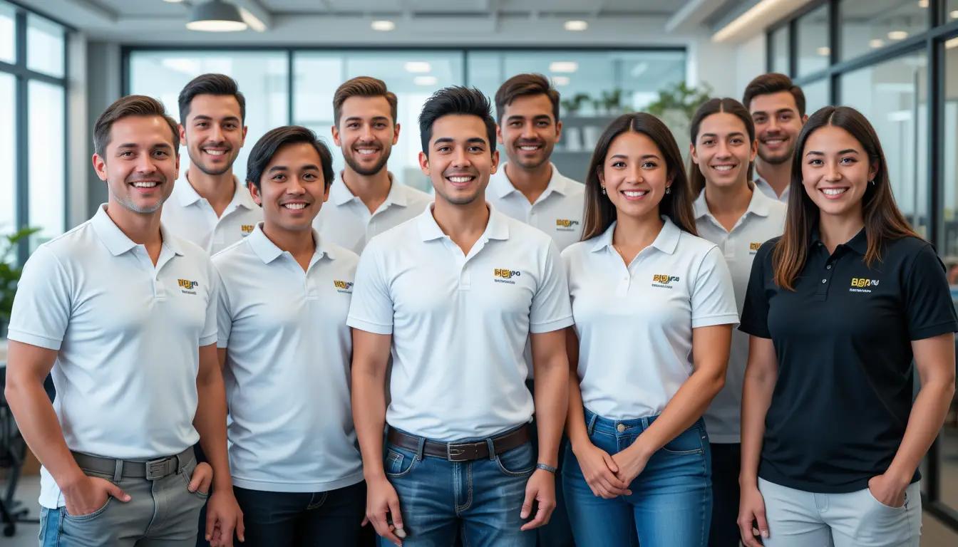 diverse team of smiling employees wearing branded polo shirts with a company logo