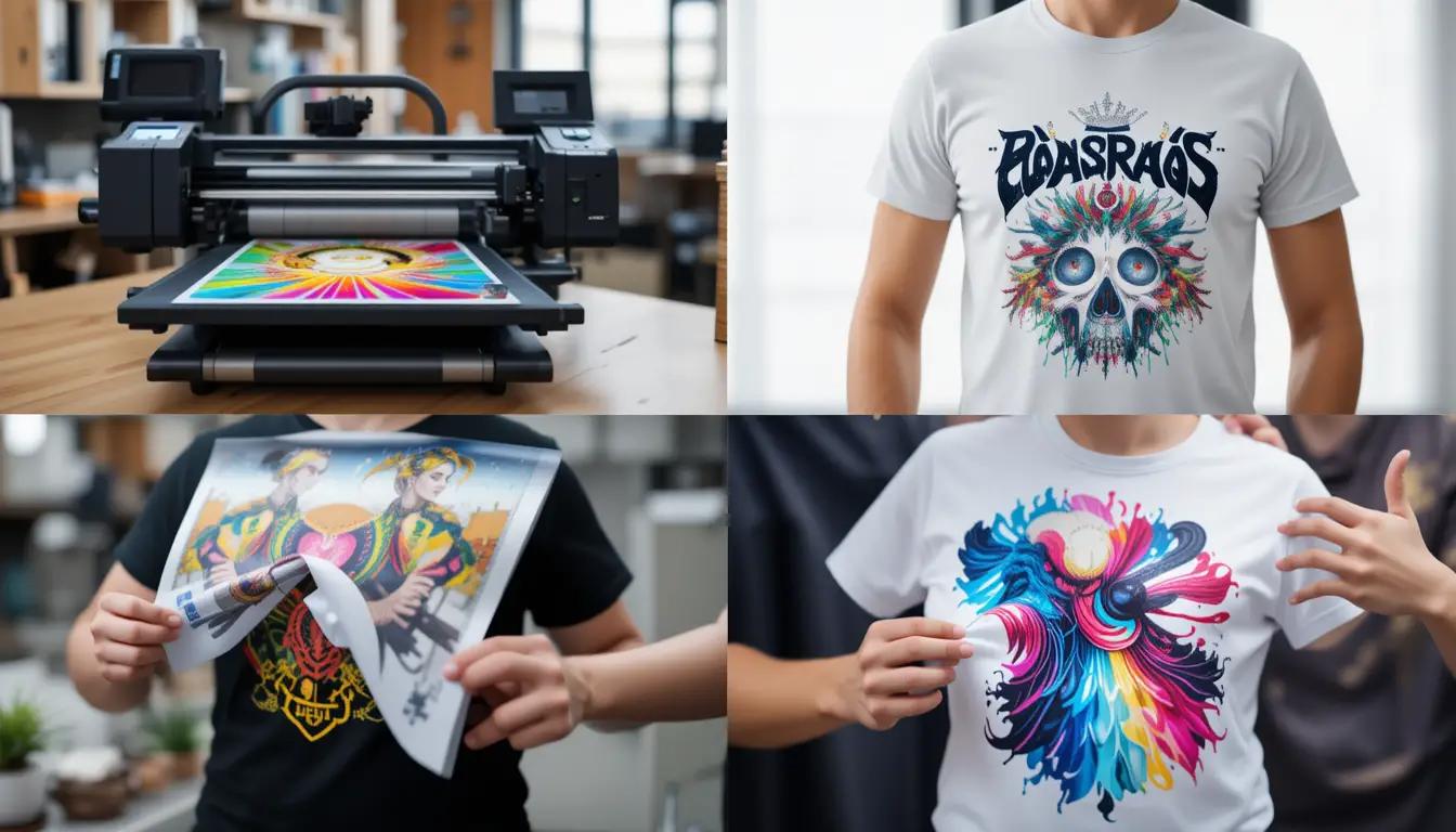 קולאז' תמונות המציג את ארבע שיטות ההדפסה בפעולה דפוס משי, הדפסה דיגיטלית