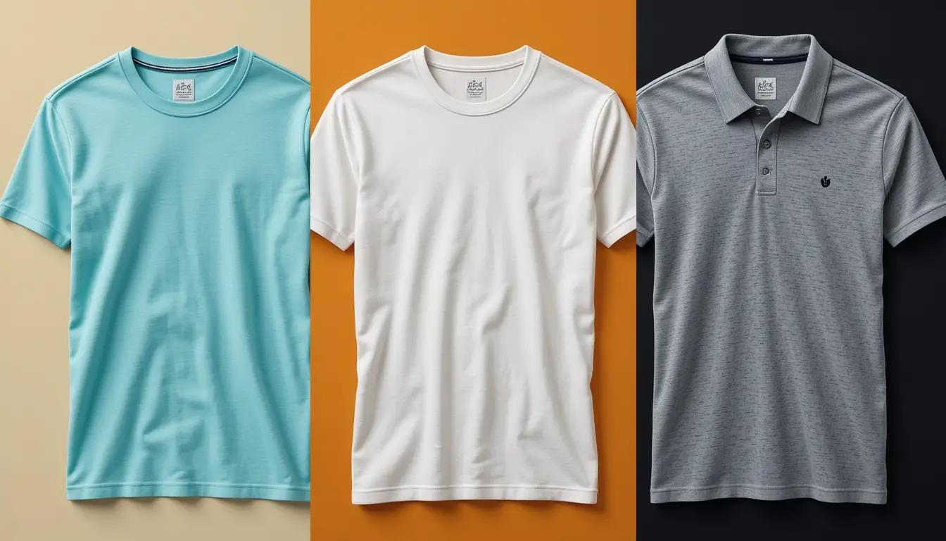 שלושה סוגי חולצות זה לצד זה חולצת כותנה, חולצת דרייפיט וחולצת פולו, המדגישות את ההבדלים במרקם ובסגנון