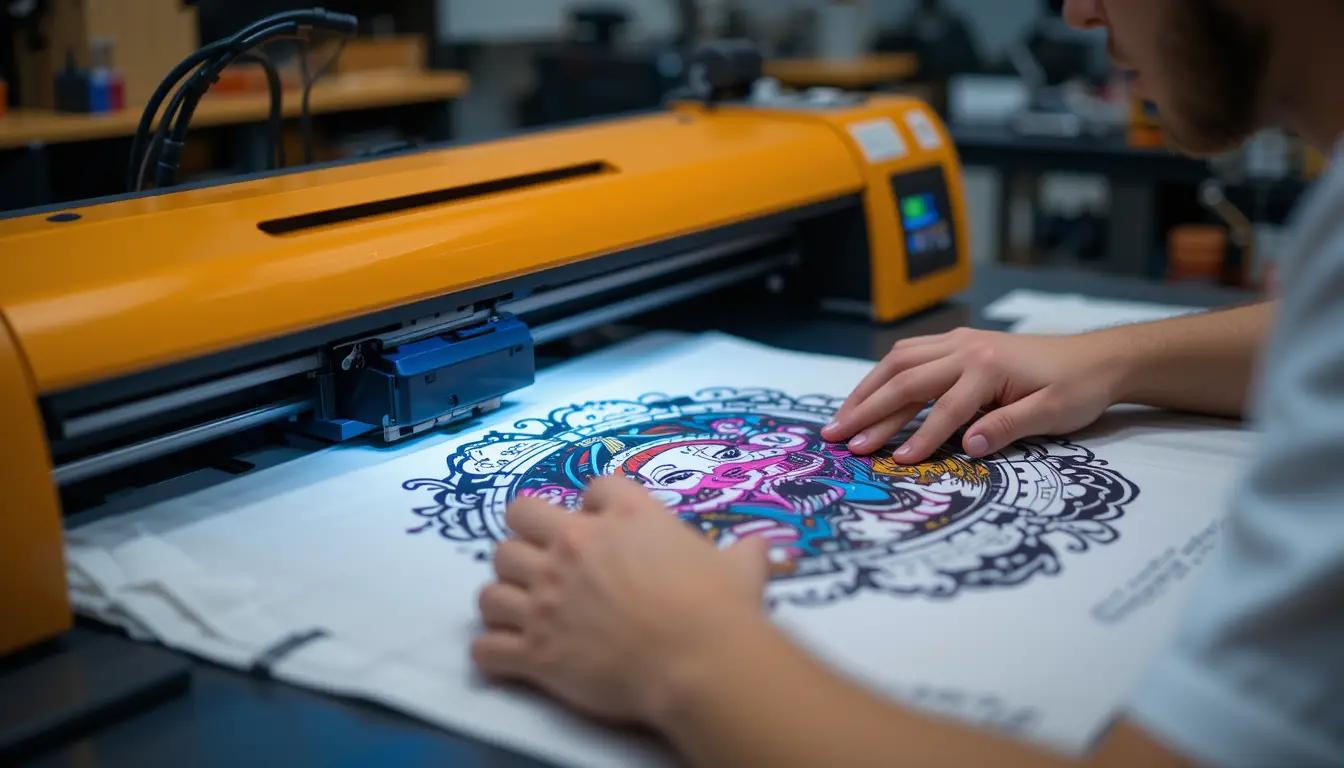 Close-up of a person customizing a T-shirt using DTG printer, high-resolution design, Israeli young