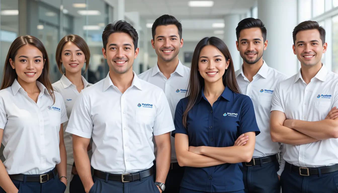 Employees of different roles in an insurance company wearing appropriate branded shirts