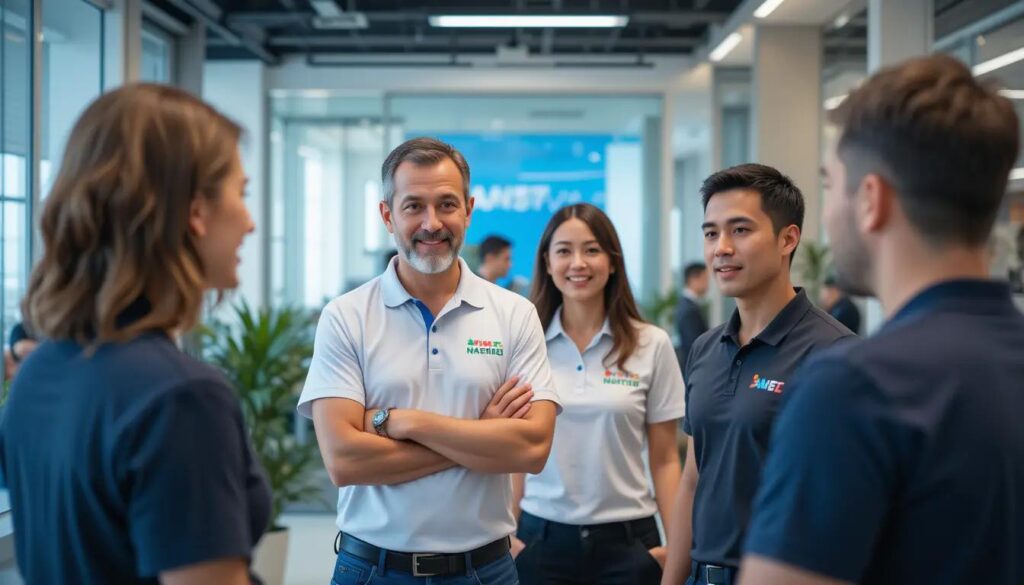 Professional insurance company staff in Israel wearing branded polo shirts