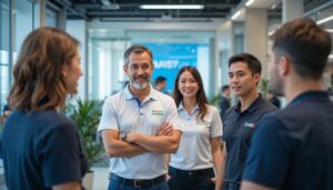 Professional insurance company staff in Israel wearing branded polo shirts