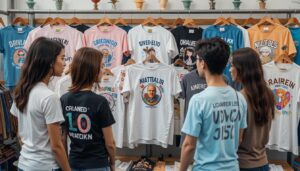 T-shirts on display, colorful, modern designs, realistic photo, Israeli