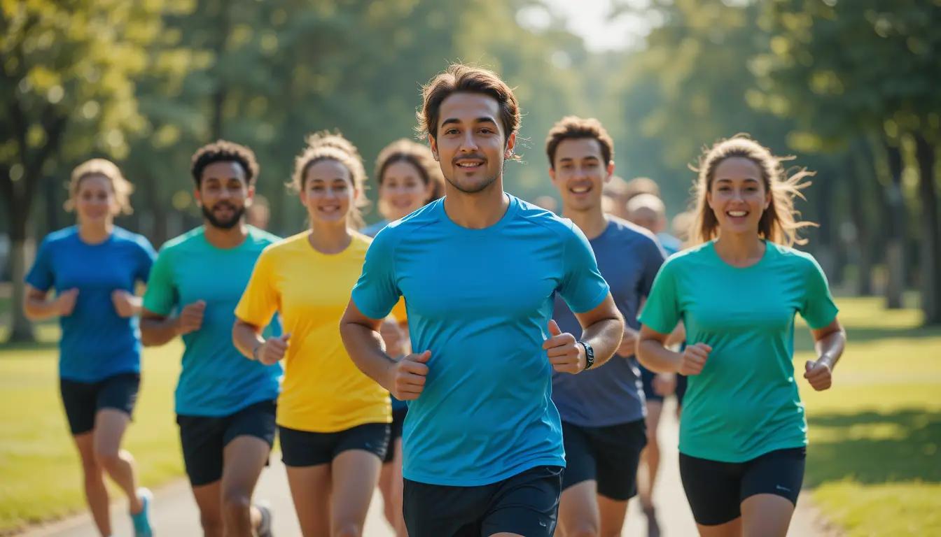 איור של קבוצת רצים עם חולצות דרייפיט זהות במהלך אימון קבוצתי בפארק