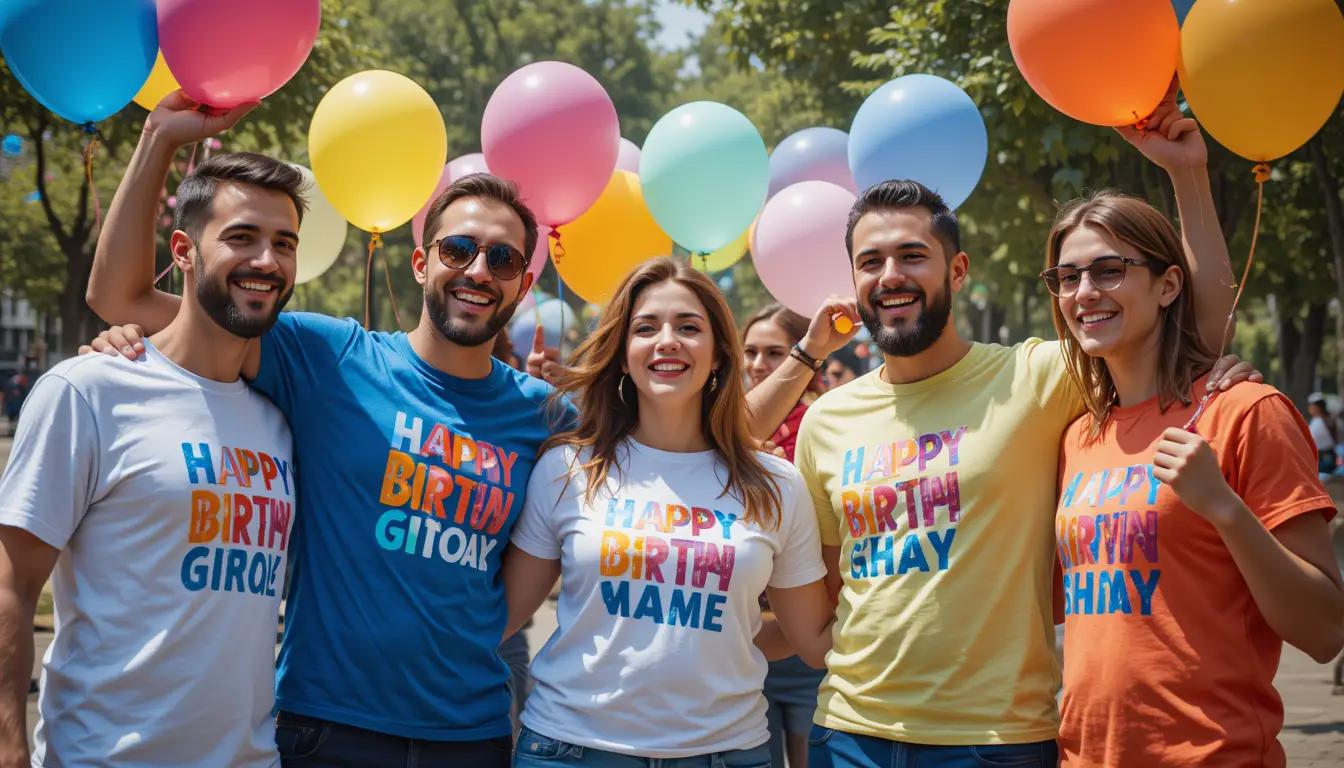 חברים חוגגים יום הולדת עם חולצות מודפסות בעיצוב אישי