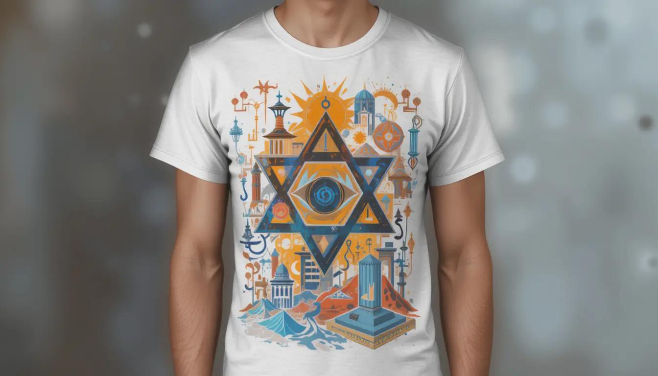 חולצה מודפסת עם עיצוב בהשראת אמנות יהודית מסורתית