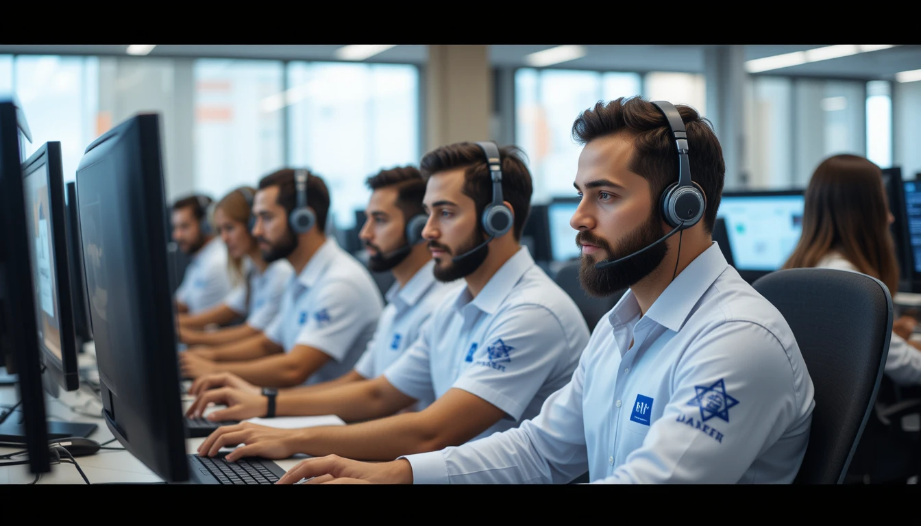 מוקד טלפוני מודרני עם עובדים בחולצות מותאמות אישית הנחיה ליצירת תמונה