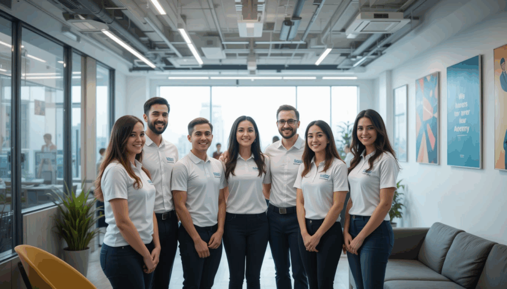 מרכז קריירה מודרני עם צוות בחולצות מודפסות מקצועיות