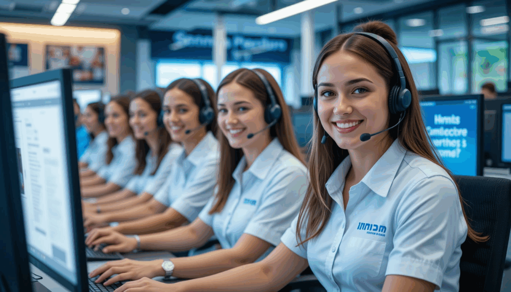 מרכז שירות מצליח ומקצועי עם עובדים גאים בחולצות מותאמות אישית הנחיה ליצירת תמונה