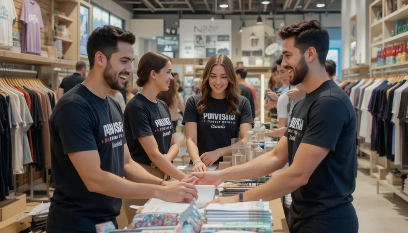 עובדי חנות לובשים חולצות אחידות עם לוגו החברה
