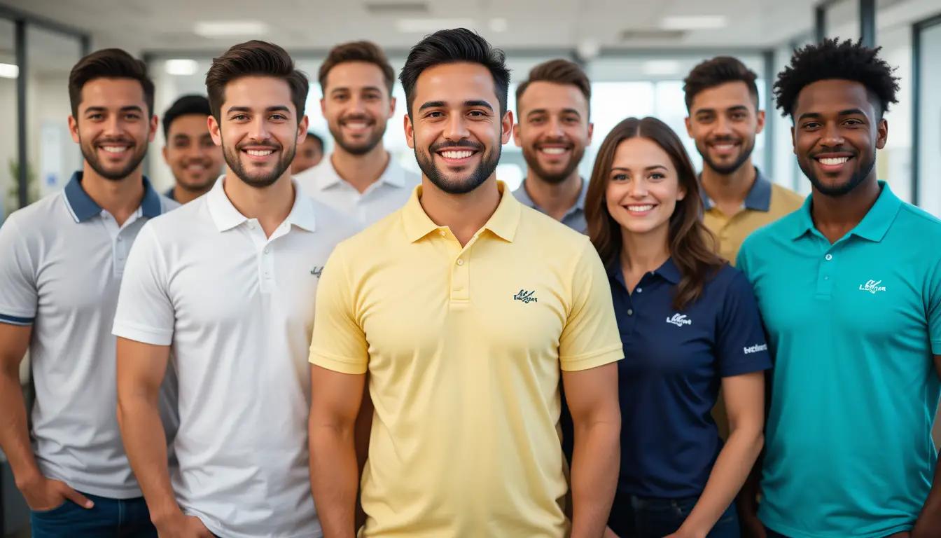 עובדים לבושים בחולצות ממותגות של העסק, מחייכים ומציגים חזית אחידה ומקצועית