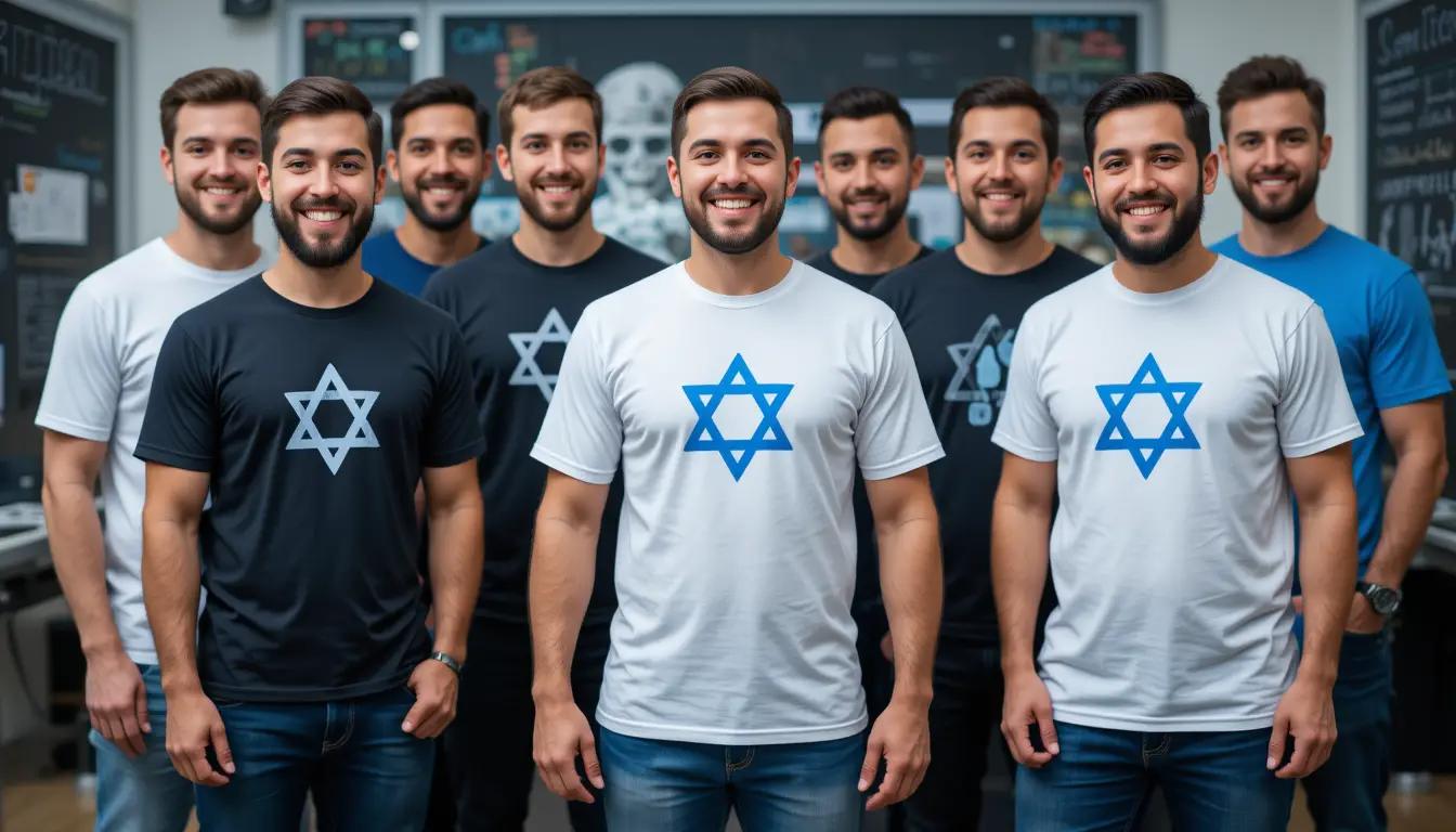 קבוצת מתכנתים בגילאים שונים לובשים מגוון חולצות ממותגות