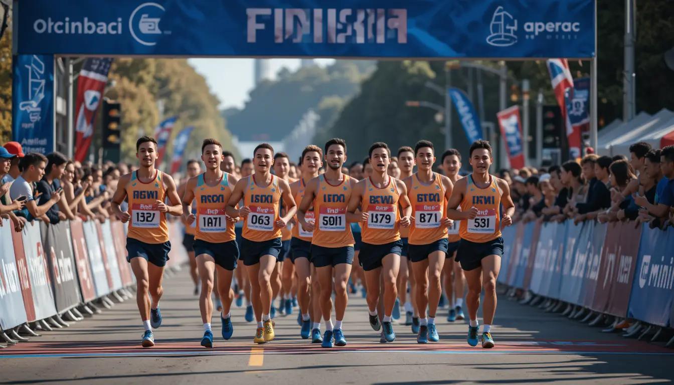 קבוצת רצים בחולצות זהות בקו הסיום של מרתון