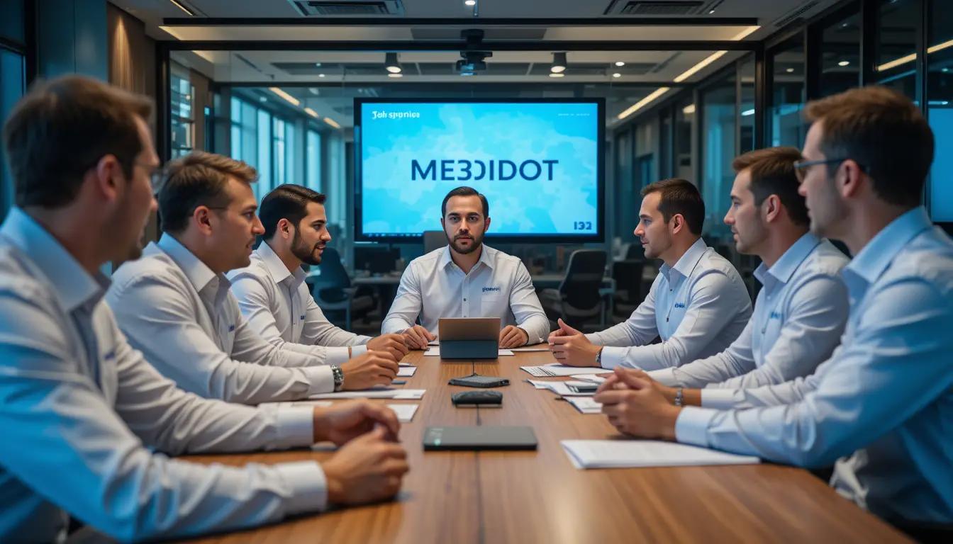 תמונה מקצועית המציגה יועצים עסקיים בחולצות עבודה אחידות ואיכותיות במהלך פגישת צוות