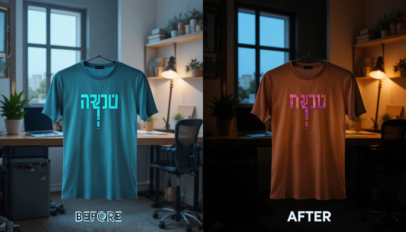 דוגמאות של חולצות עם דיו זוהר בחושך בתאורה רגילה ובחושך