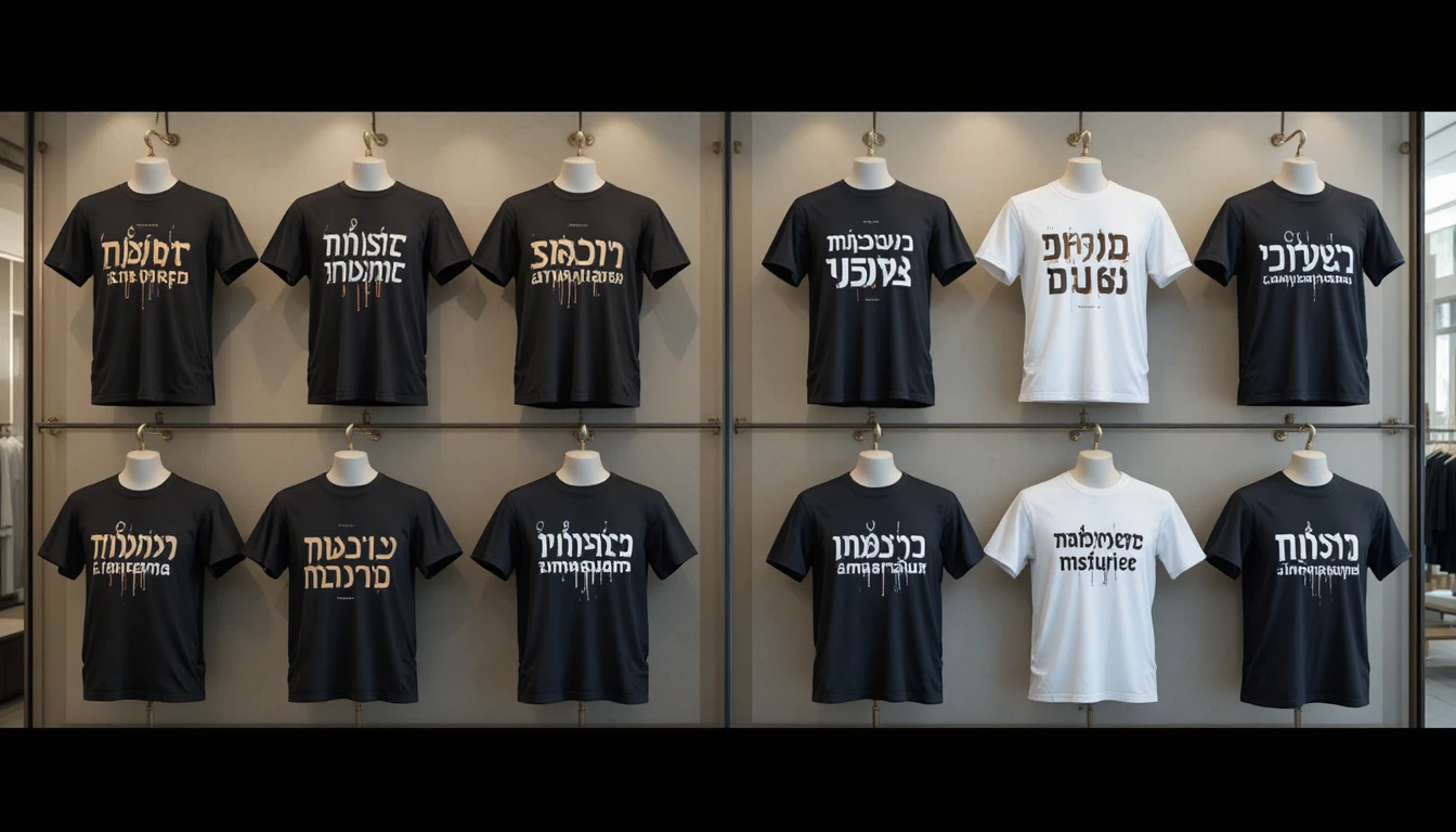 השוואה בין סגנונות טיפוגרפיה שונים על חולצות הנחיה ליצירת תמונה באנגלית