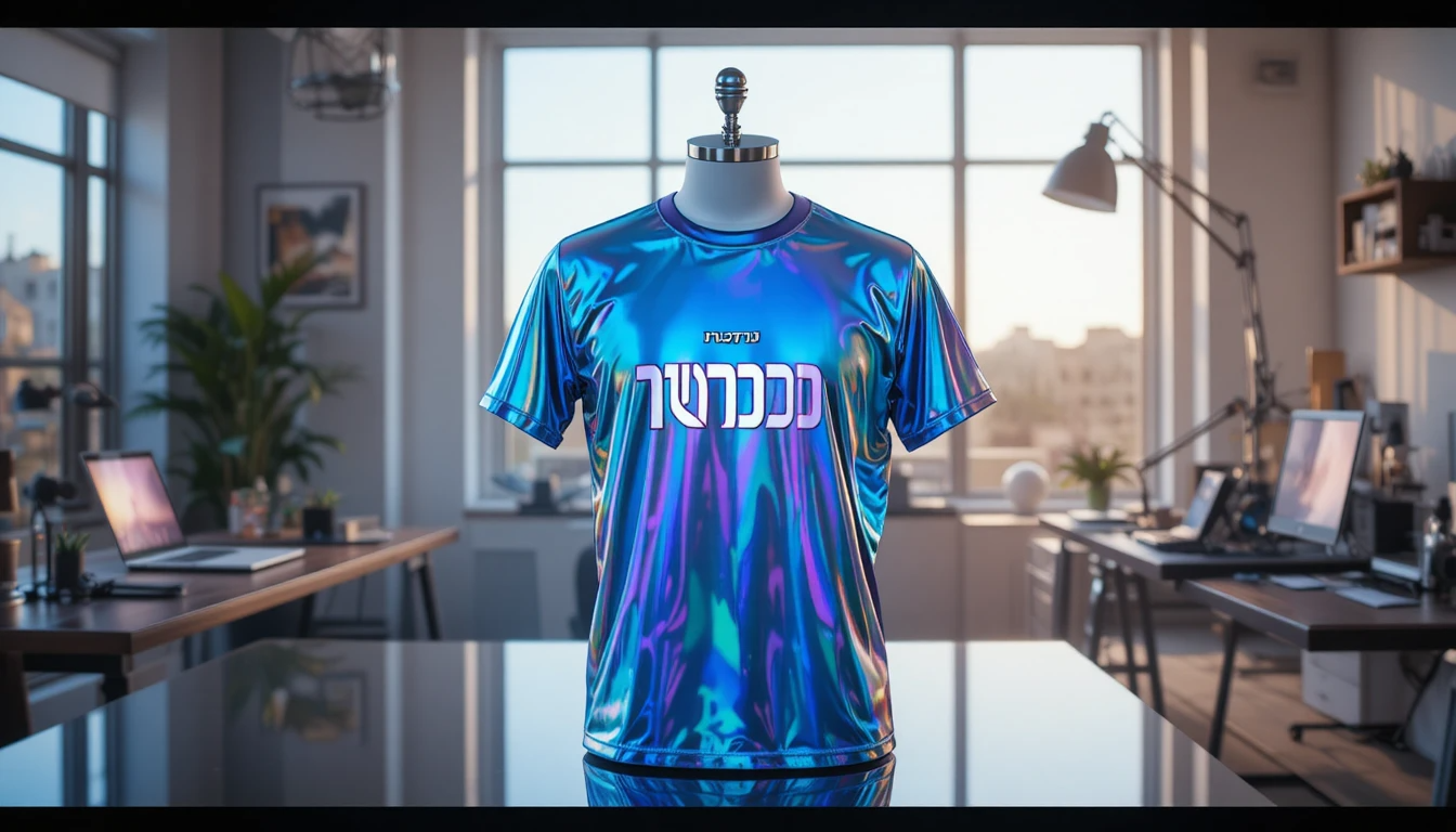 חולצה עם הדפסה הולוגרפית שמראה שינוי צבעים מזוויות שונות