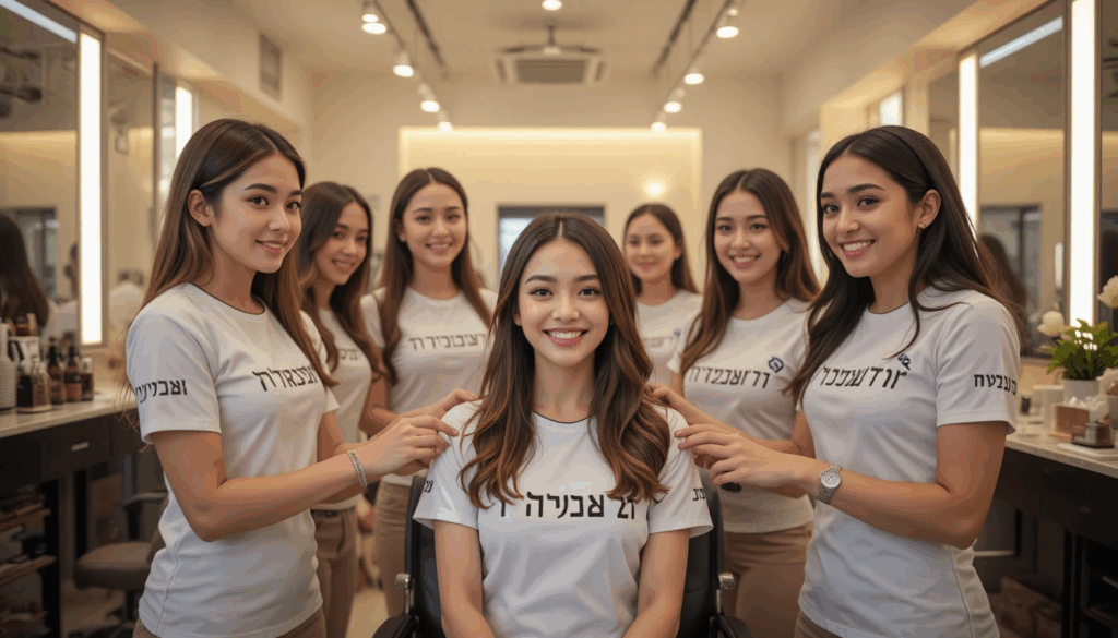 לקוחה מרוצה במכון יופי עם צוות בחולצות מותאמות