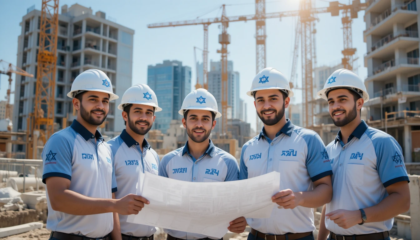 מהנדסי בניין באתר עבודה לובשים חולצות חברה מותאמות אישית הנחיה ליצירת תמונה