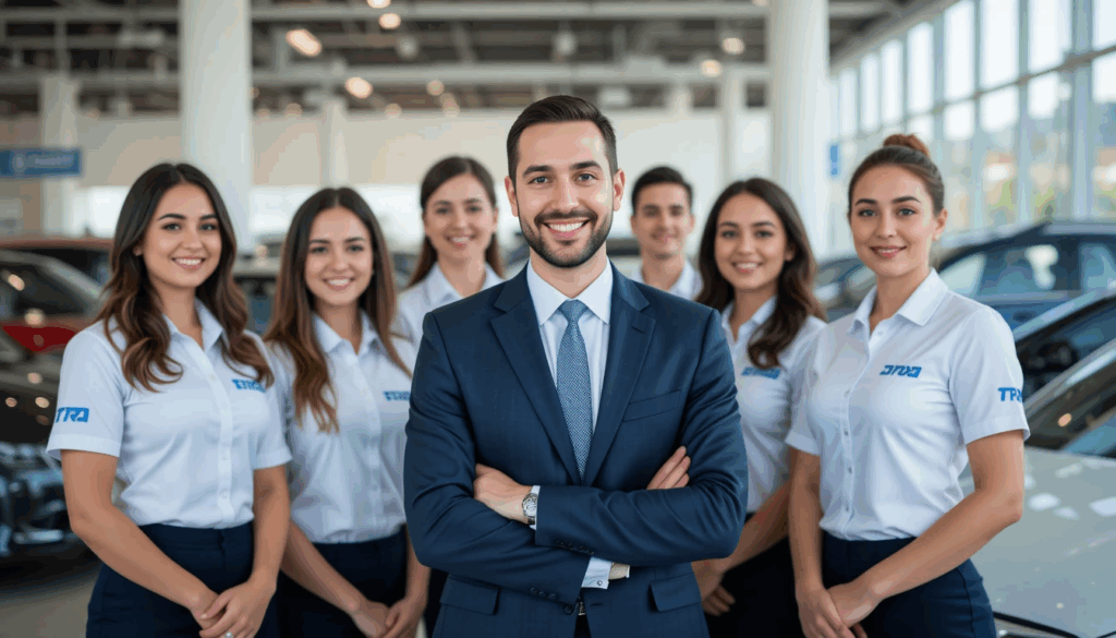 מנהל חברת ליסינג מרוצה עם הצוות החדש בחולצות ממותגות