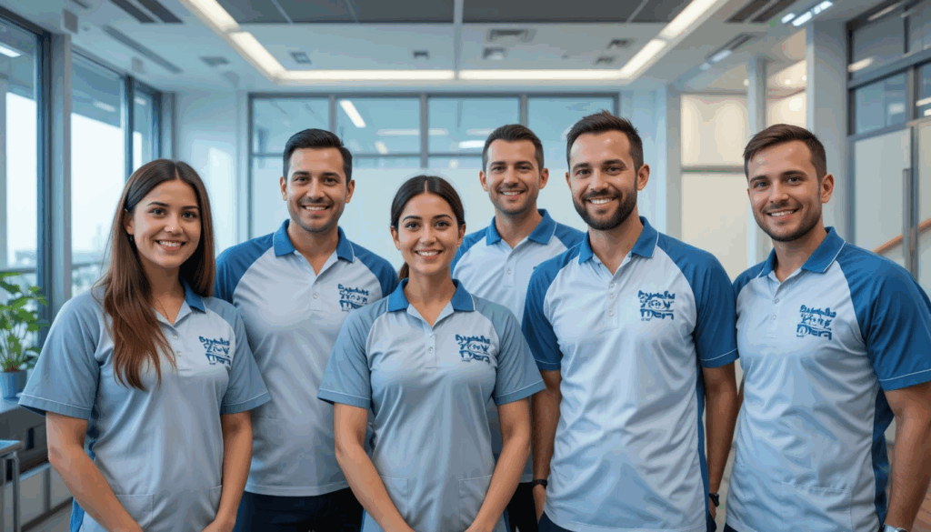 מרפאת פיזיותרפיה מקצועית עם צוות לבוש בחולצות איכותיות ומעוצבות