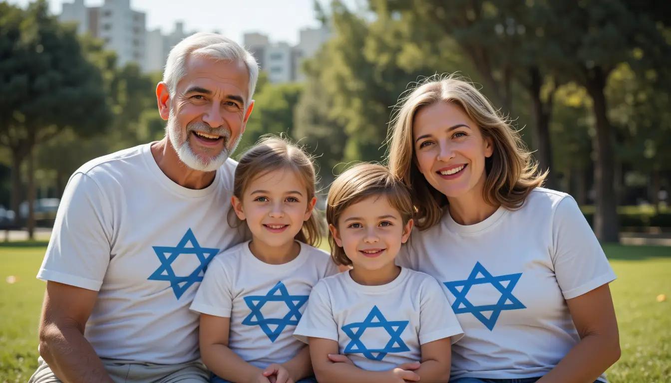 סבא וסבתא לובשים חולצות מתאימות ומחויכים יחד עם נכדים