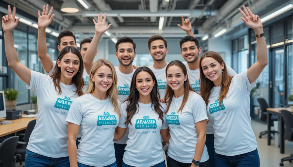 עובדי חברת תחבורה חכמה גאים בחולצות מותאמות אישית במשרד מודרני