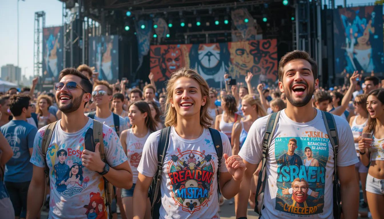 פסטיבליסטים עם חולצות מודפסות אישיות בפסטיבל מוזיקה