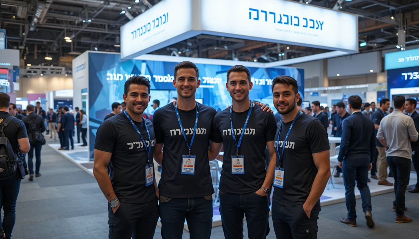צוות חברת שיווק דיגיטלי בכנס טכנולוגיה עם חולצות דרייפיט ממותגות הנחיה ליצירת תמונה באנגלית