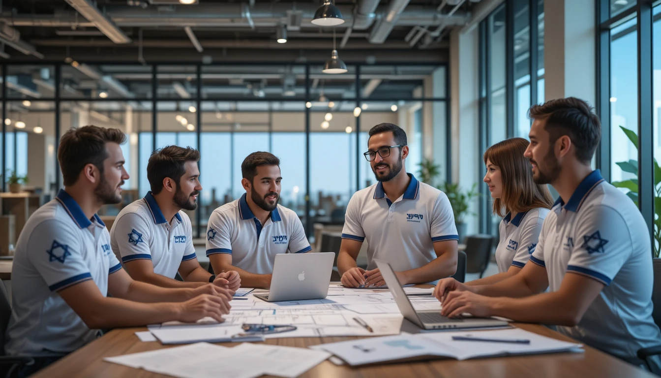 צוות מהנדסים במשרד תכנון לובשים חולצות פולו מותאמות הנחיה ליצירת תמונה