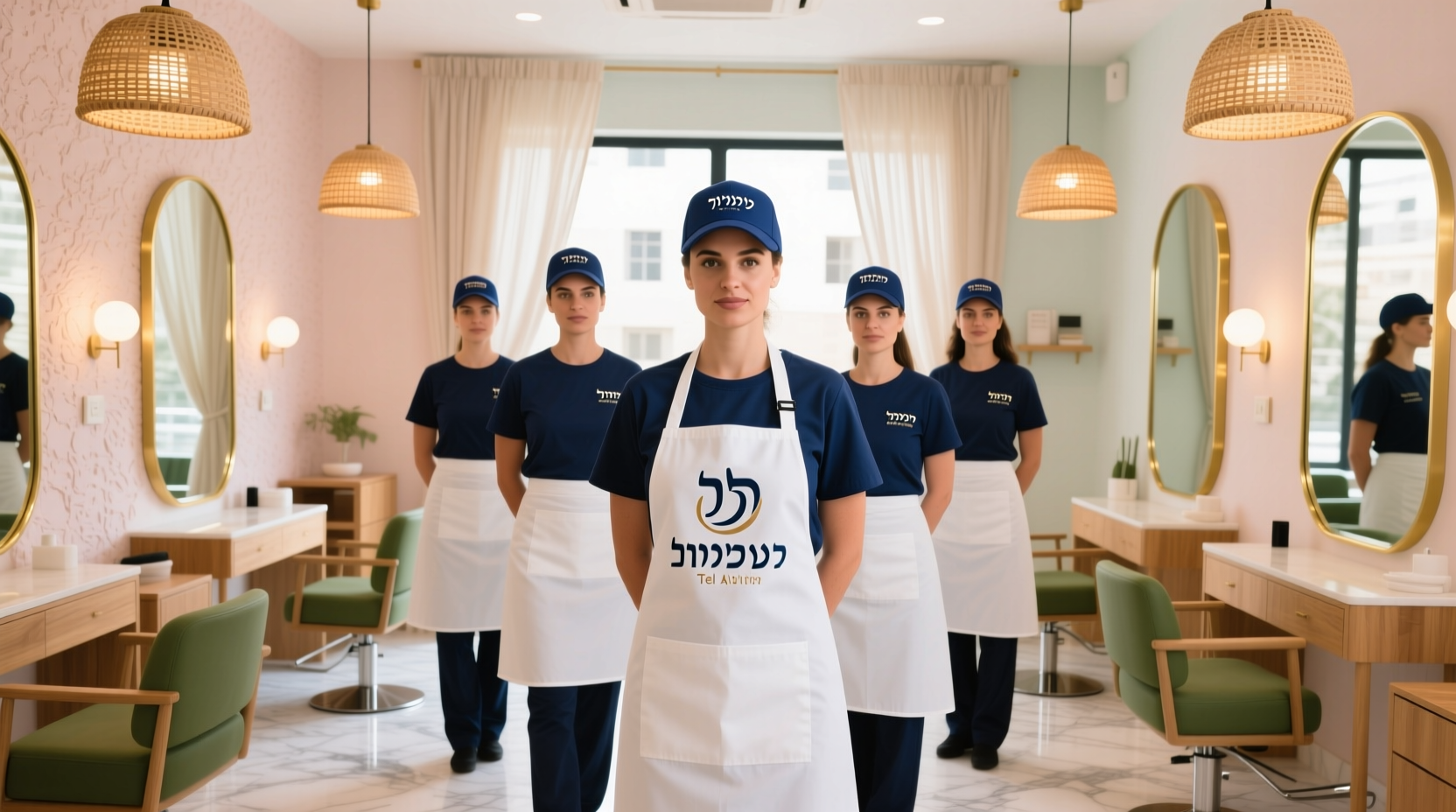 צוות מכון יופי עם אביזרים מלאים - חולצות, כובעים וסינרים