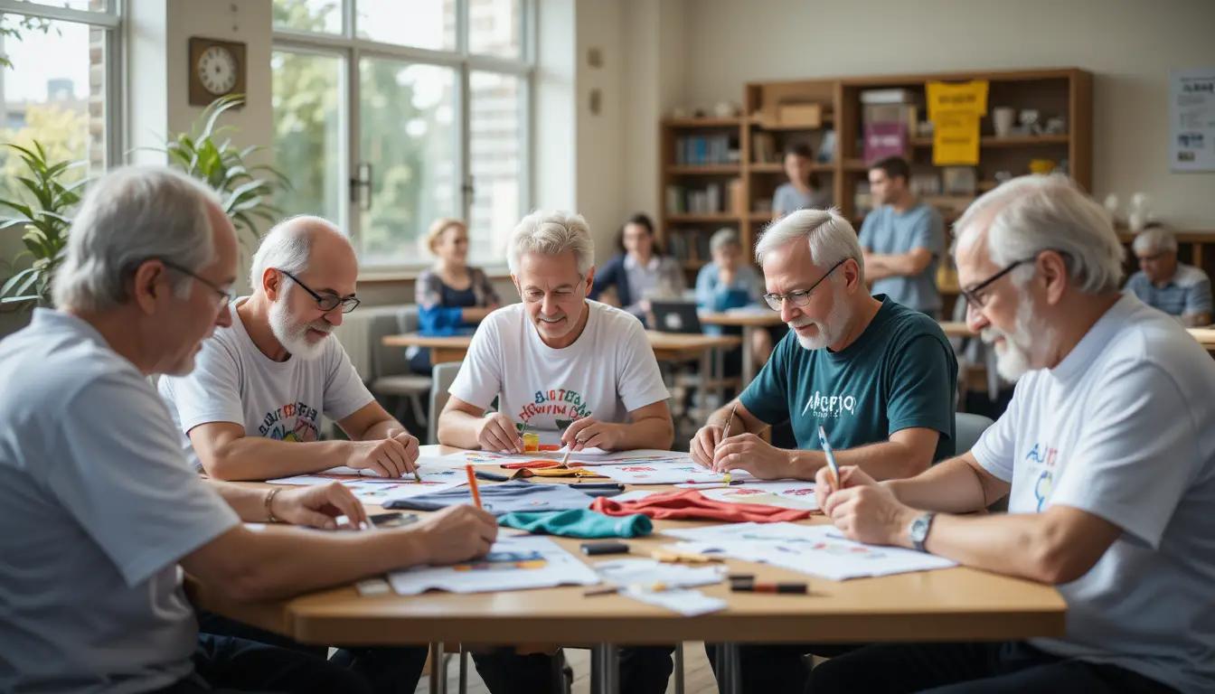 קבוצת קשישים יושבים סביב שולחן ומעצבים חולצות יחד