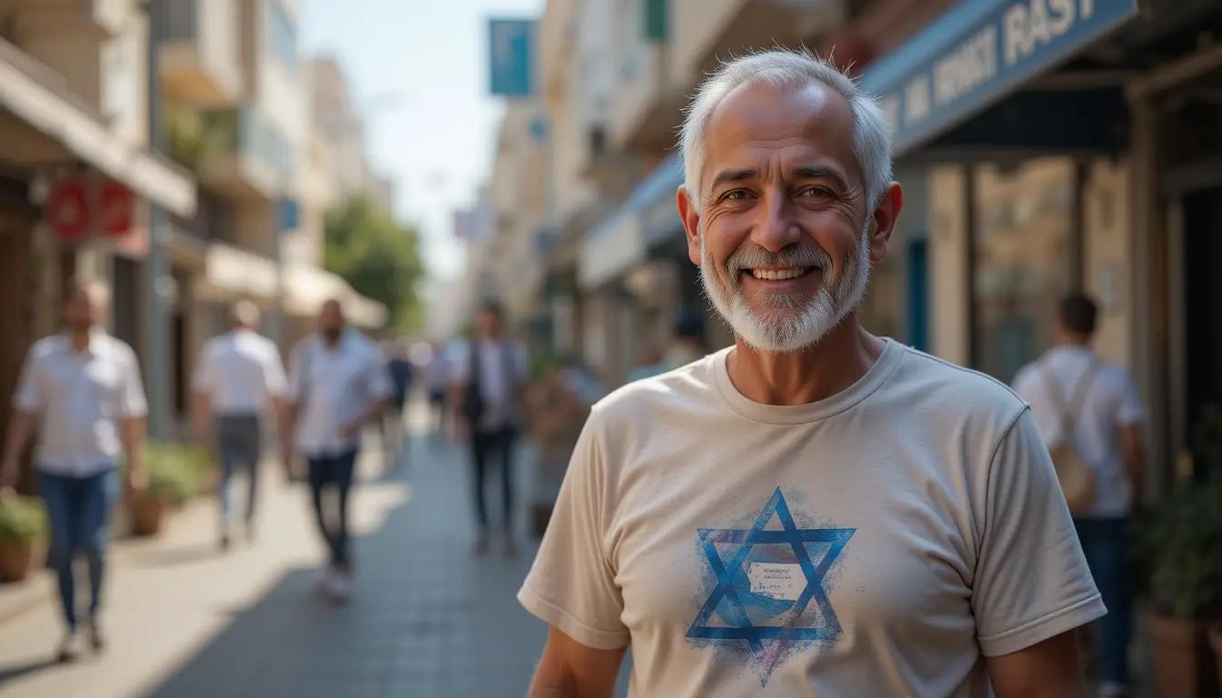 קשיש חייכן לובש חולצה עם הדפסה אישית