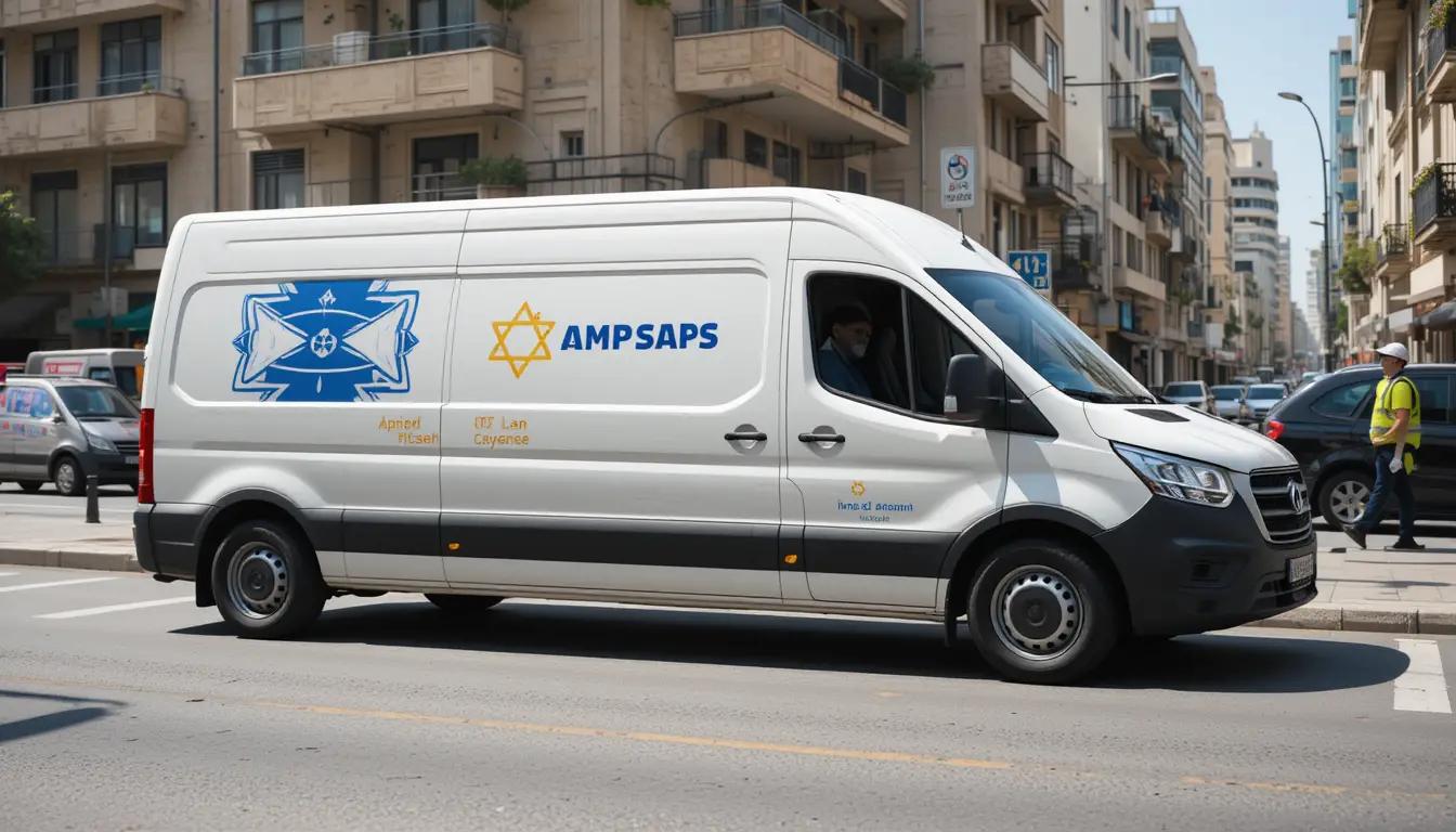 רכב משלוחים עם שליחים בחולצות בצבעים בולטים