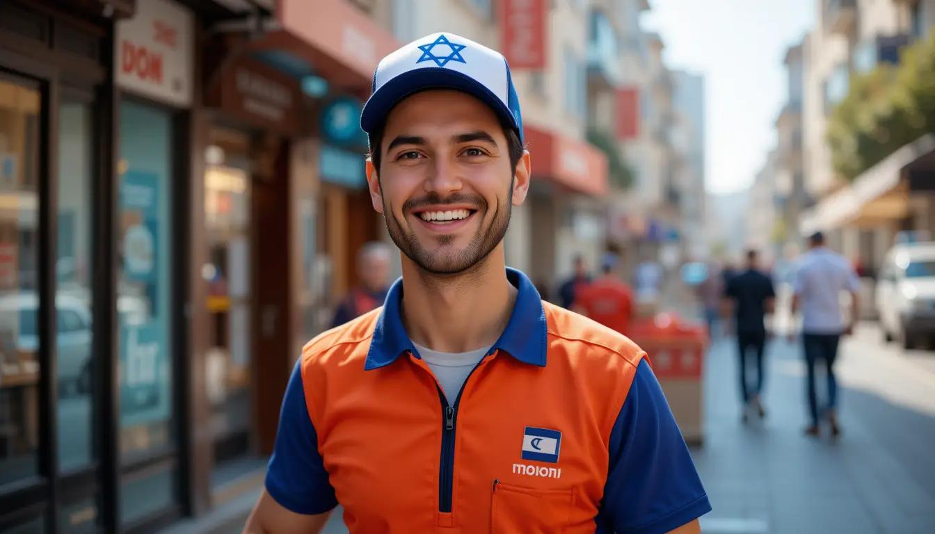 שליח מחייך בחולצה מקצועית עם לוגו ברור