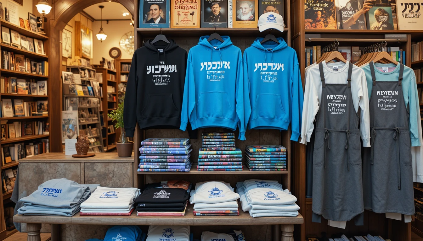 תצוגה של קפוצ'ונים, כובעים וסינרים עם הדפסים ספרותיים הנחיה ליצירת תמונה באנגלית
