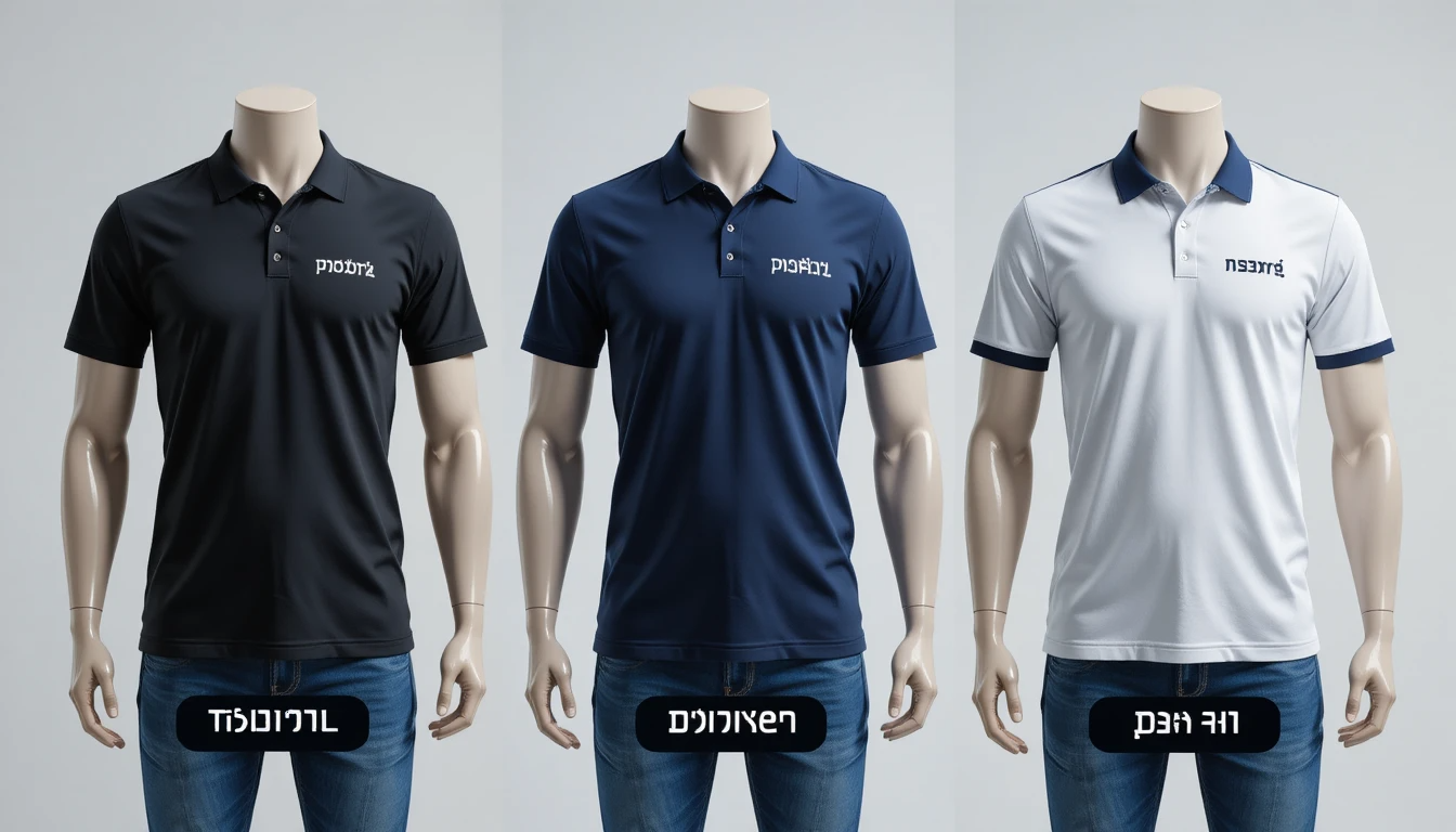 Comparison of three security shirts cotton T-shirt, polo, Dri-Fit, on mannequins, bright studio, clean background