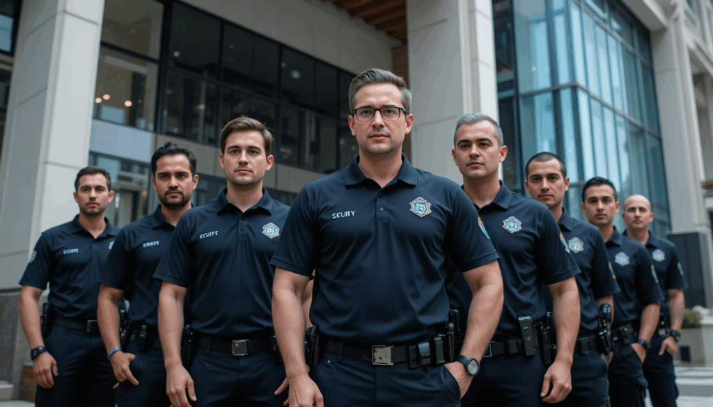 Israeli security team, dark polos, corporate building, confident, professional, urban, high-detail