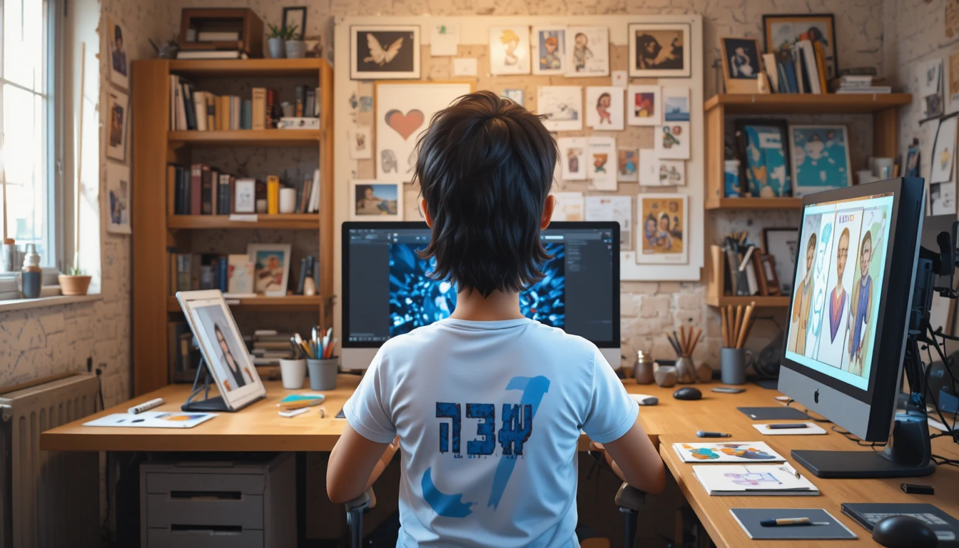 דוגמה של חולצת סטודיו אנימציה מוגמרת בשימוש בסביבת עבודה אמיתית