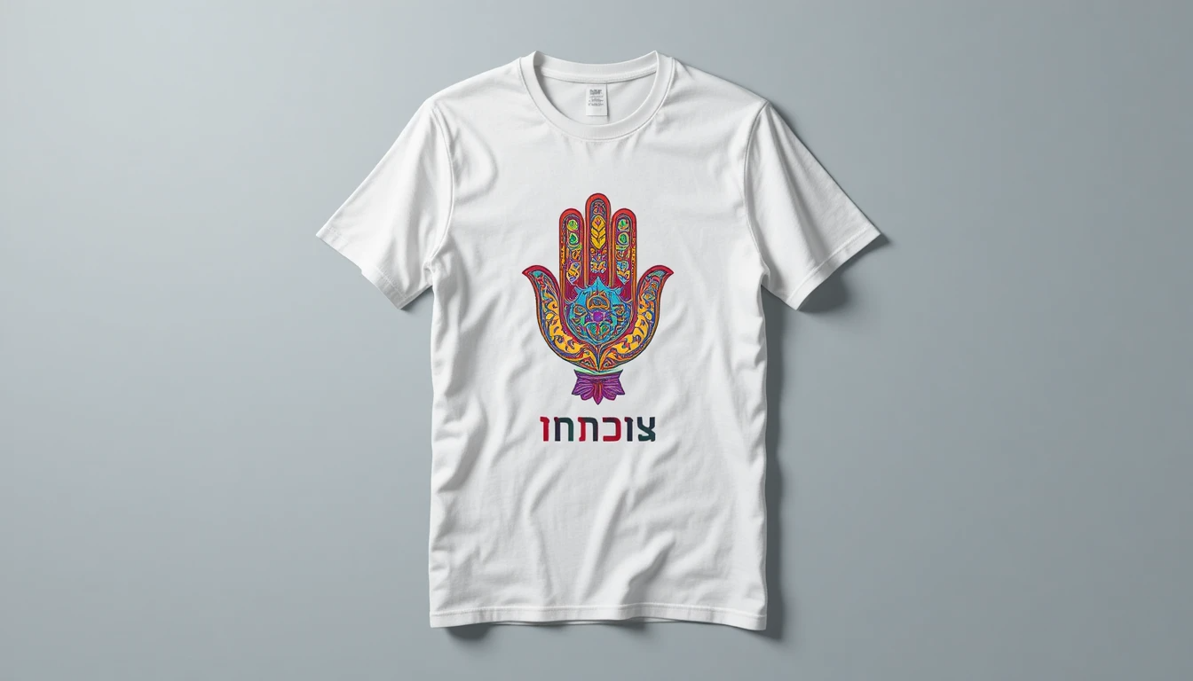 חולצה לבנה עם הדפסה צבעונית של סמלים ישראליים - חמסה, רימון, וציטוטים בעברית הנחיית