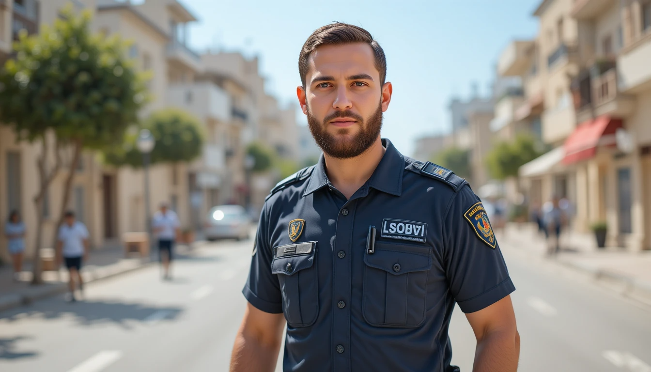 מאבטח בחולצת דרייפיט בסיור חוצות ביום קיץ חם