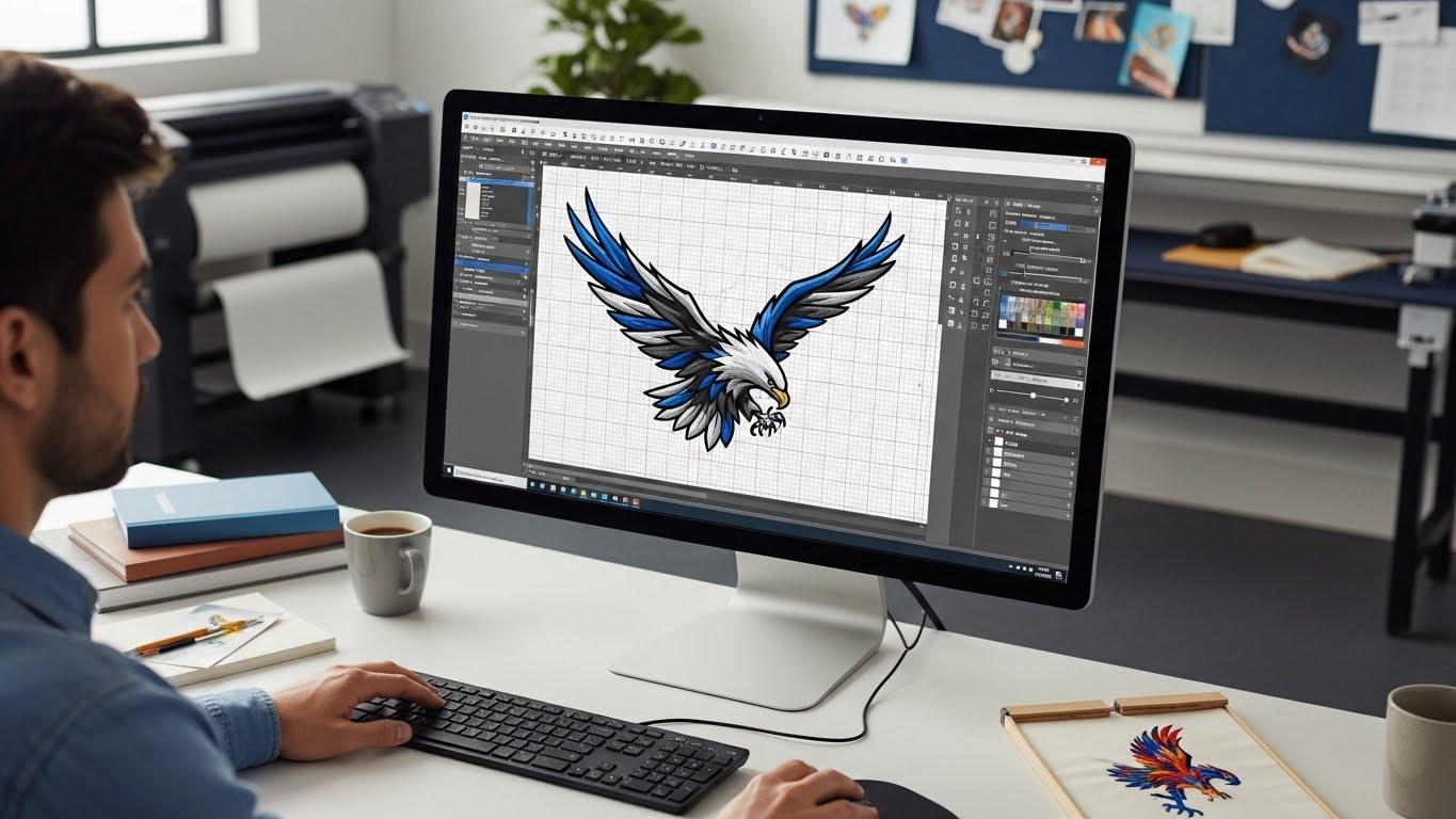 מעצבת עובדת על קובץ עיצוב לרקמה במחשב