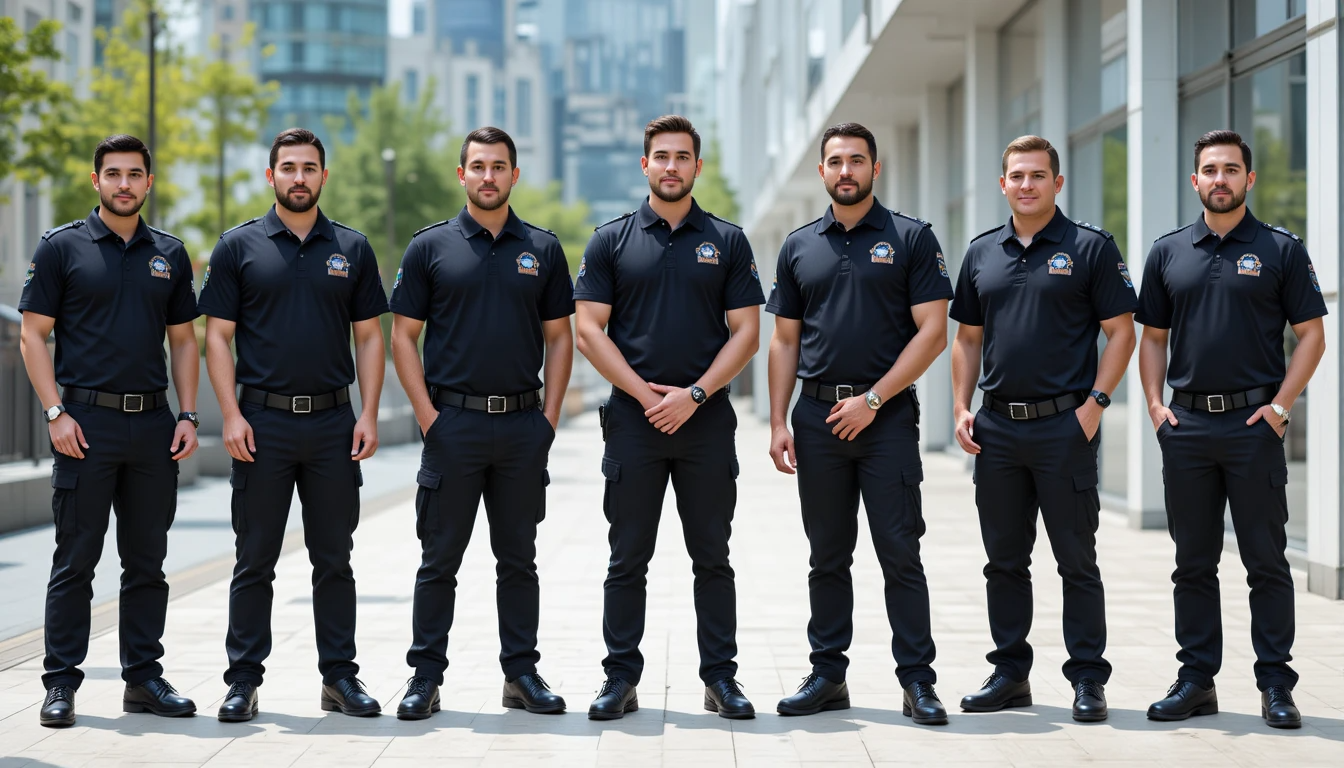 צוות מאבטחים בחולצות פולו מקצועיות עם לוגו החברה